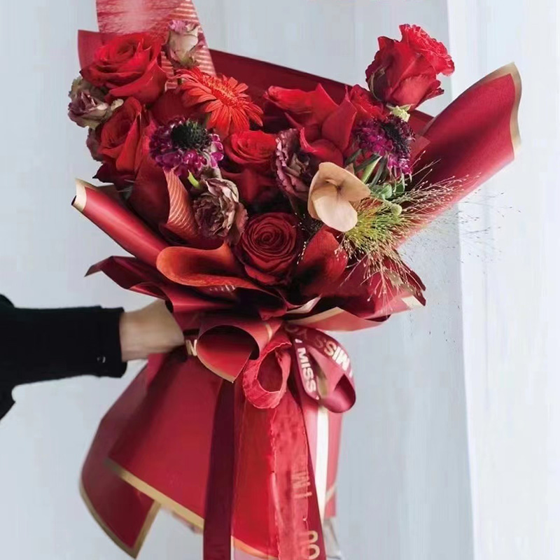 Papel de embrulho de flores de filme perolado sólido com borda dourada MYHC-27