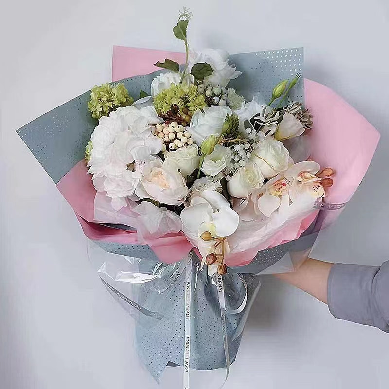 MYHC-34 Filme de embalagem de flores de algodão folheado a alumínio de dupla face e duas cores com decoração de pontos