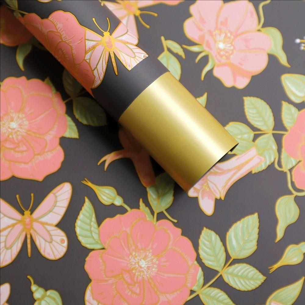 MYHC-76 Papel de embrulho de flores com padrão de camélia vintage com bordas douradas