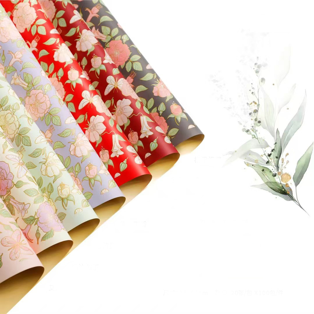 MYHC-76 Papel de embrulho de flores com padrão de camélia vintage com bordas douradas
