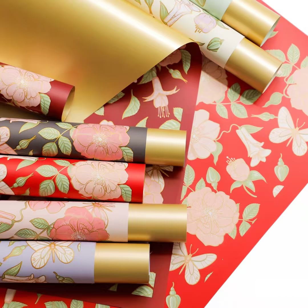 MYHC-76 Papel de embrulho de flores com padrão de camélia vintage com bordas douradas