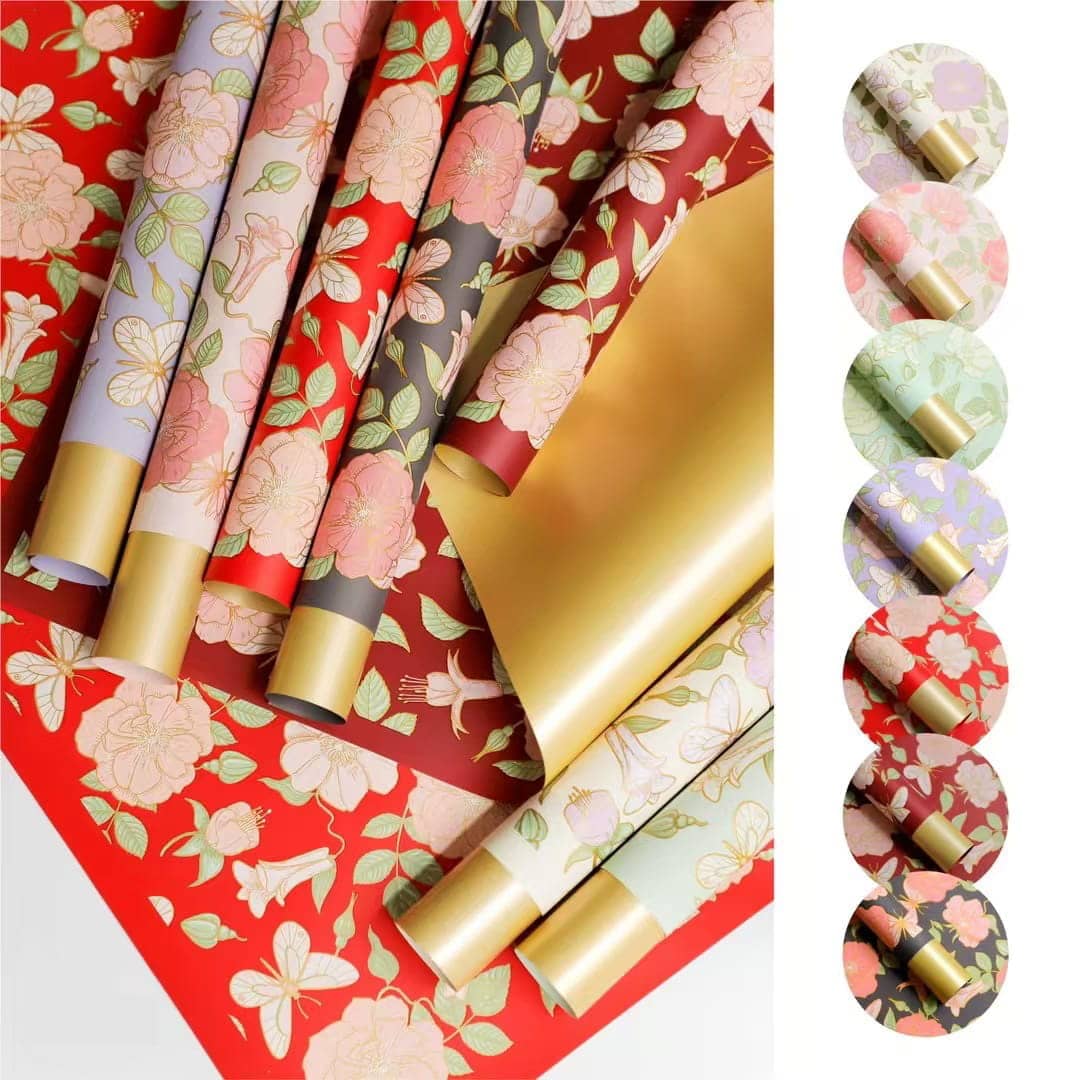 MYHC-76 Papel de embrulho de flores com padrão de camélia vintage com bordas douradas