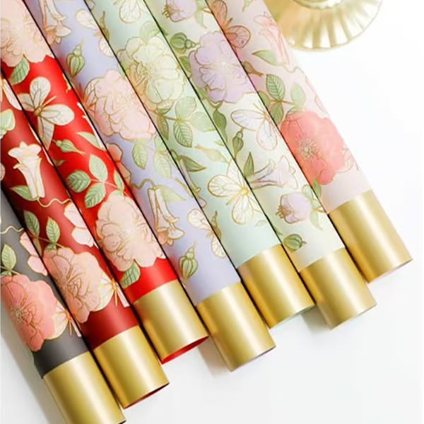 MYHC-76 Papel de embrulho de flores com padrão de camélia vintage com bordas douradas