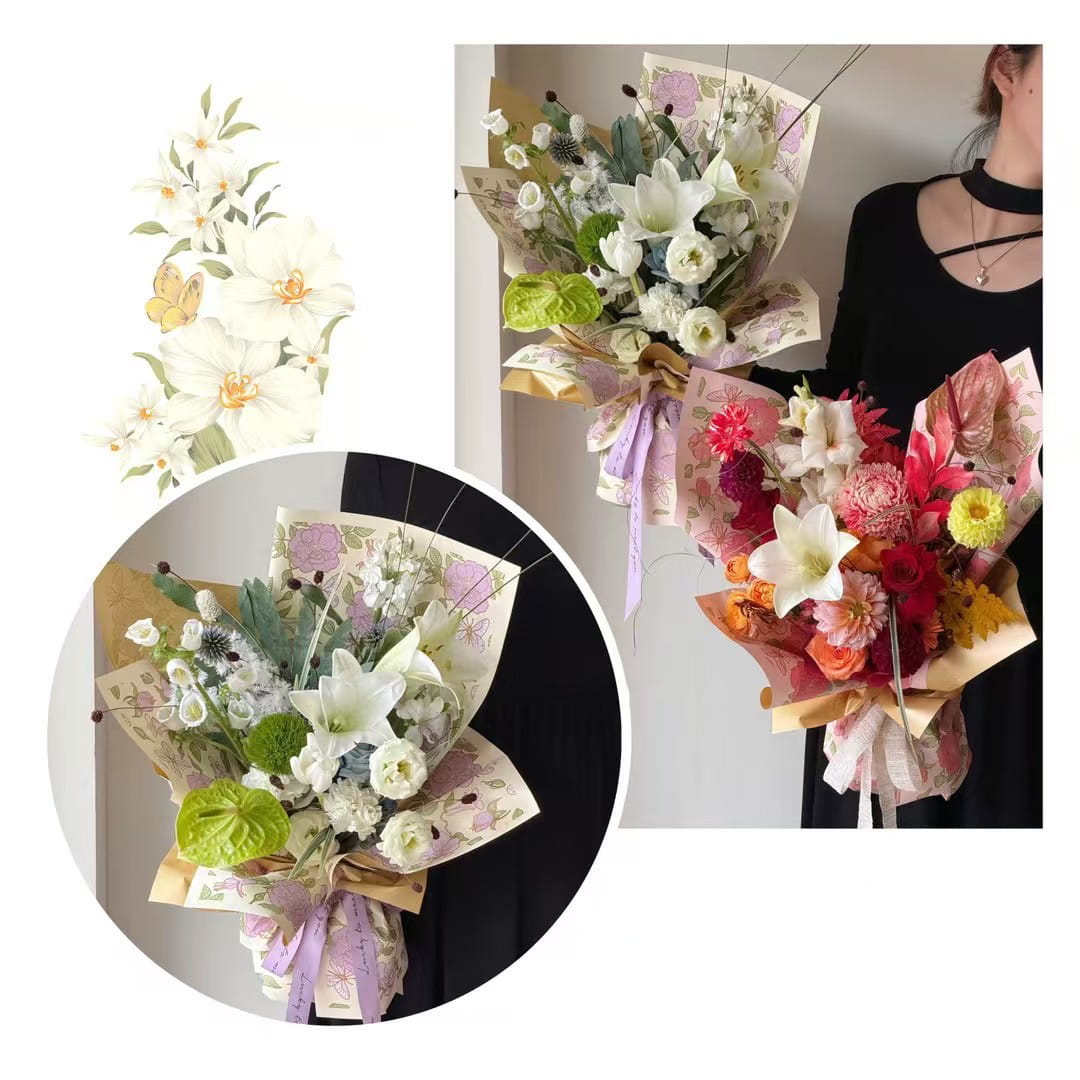 MYHC-76 Papel de embrulho de flores com padrão de camélia vintage com bordas douradas