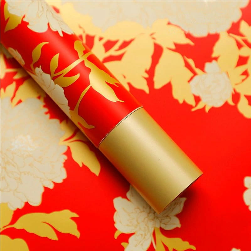 MYHC-78 Papel de embrulho de flor de filme perolado com padrão de peônia estilo chinês com borda dourada
