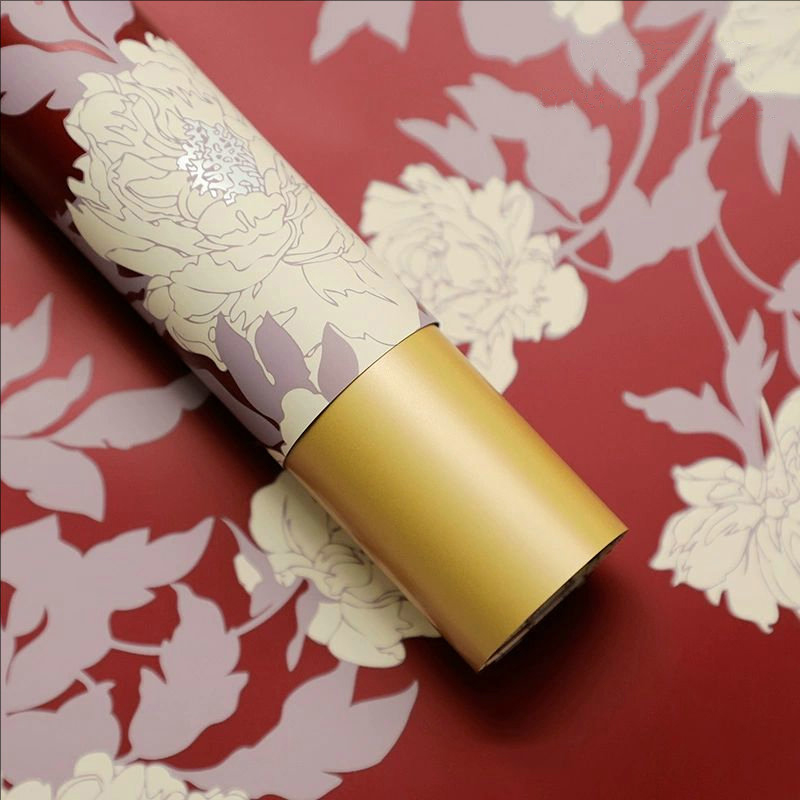 MYHC-78 Papel de embrulho de flor de filme perolado com padrão de peônia estilo chinês com borda dourada