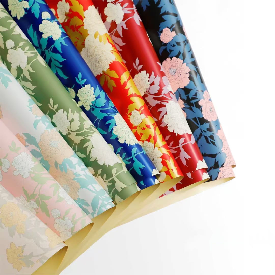 MYHC-78 Papel de embrulho de flor de filme perolado com padrão de peônia estilo chinês com borda dourada