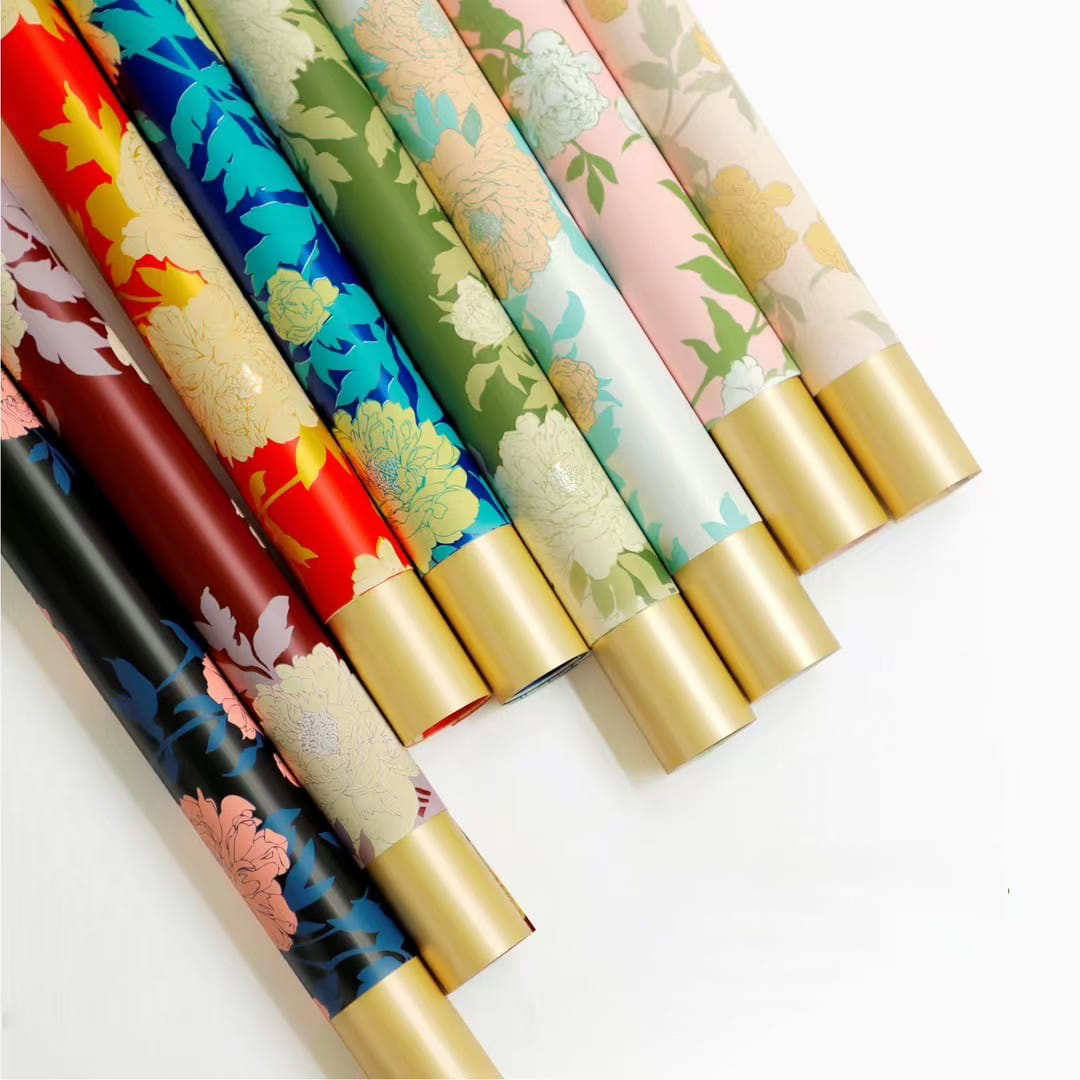 MYHC-78 Papel de embrulho de flor de filme perolado com padrão de peônia estilo chinês com borda dourada