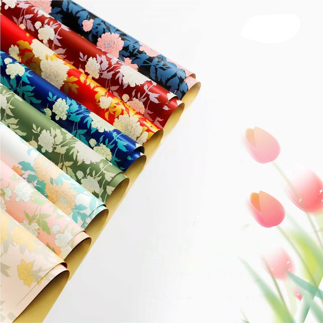 MYHC-78 Papel de embrulho de flor de filme perolado com padrão de peônia estilo chinês com borda dourada