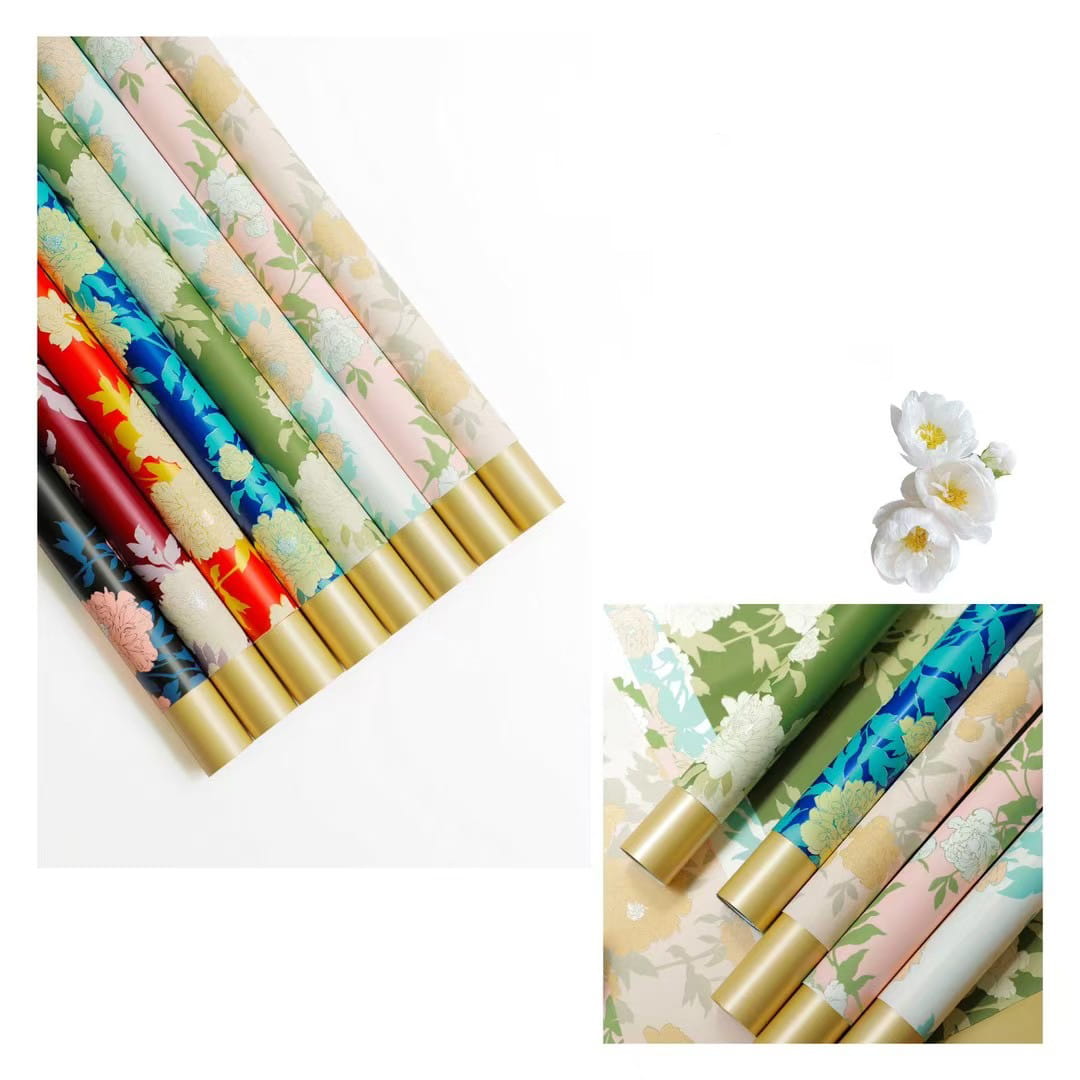 MYHC-78 Papel de embrulho de flor de filme perolado com padrão de peônia estilo chinês com borda dourada