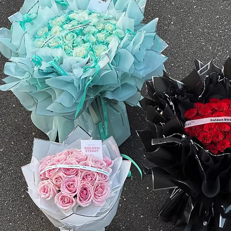 Papel de embrulho de flores com filme brilhante de água de íon prateado